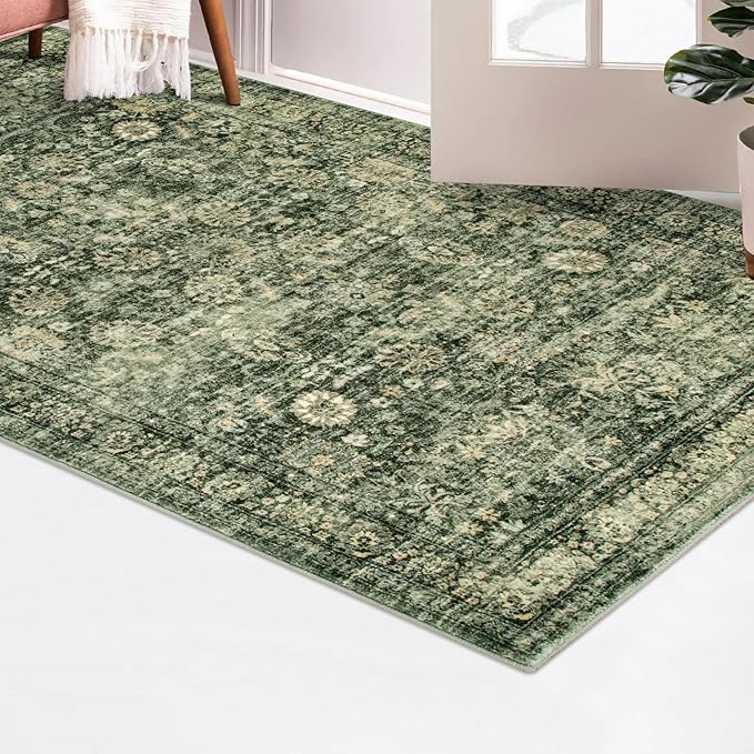 Morebes Vintage Throw Rugs, Boho 3x5 Washable Rug Non Slip,Soft Area Rug for Bedroom,Distressed Non-Shedding Floral Rug for Entryway Kitchen Foyer Bedside Playroom, Grayish Green