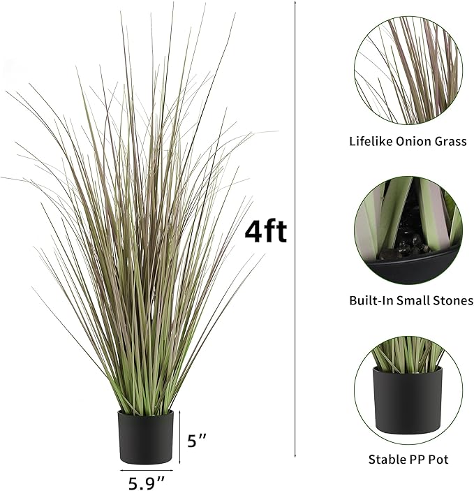 KOL 4FT 2-Pack Artificial Onion Grasses, 47.2’’ Indoor Outdoor Fake Grass Plant, Home Office Wedding Decoration, Faux Greenery Plants & Flowers in Pot, UV Resistant, Housewarming Gift, Purple