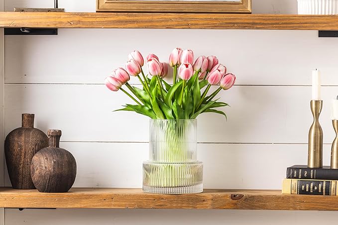 Pink Tulips with Vase Ribbed Glass Vase with 20 Realistic Artificial Flowers Gift Set. Fluted Clear Flower Vase and Fake Tulips Entryway Living Room Table Office Shelf Decor Faux Spring Decor