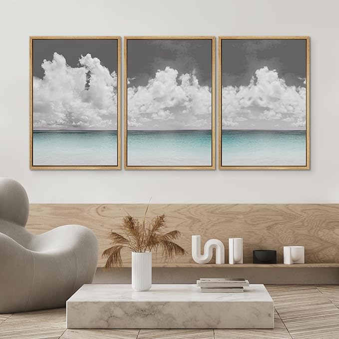 SIGNWIN 3 Piece Framed Canvas Wall Art Clouds Above The Blue Ocean Nature Wilderness Illustrations Abstract Traditional Relax/Calm Home Artwork Decoration for Living Room,Bedroom - 16"x24"x3 Natural