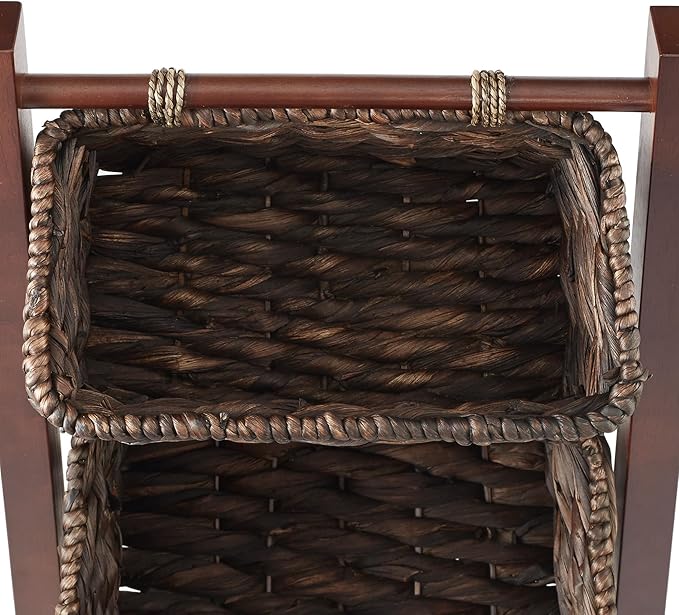 Casafield 3-Tier Floor Stand with Water Hyacinth Storage Baskets, Walnut/Espresso - Standing Organizer Rack for Bathroom, Kitchen, Laundry, Living Room