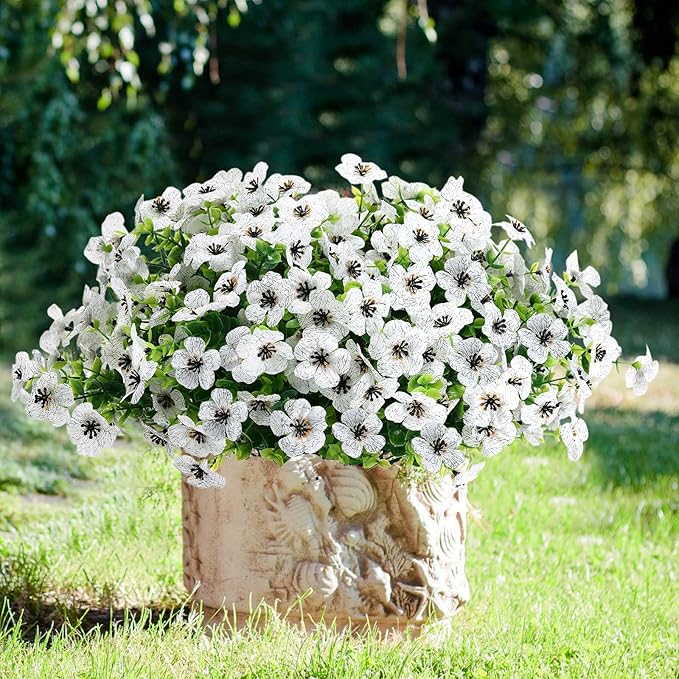 Zeyune 56 Bundles Artificial Flowers Fake UV Resistant for Outdoor Plastic Greenery Shrubs Plants No Fade Faux Flower for Garden Porch Patio Window Wedding Party Decor(White,Elegant)