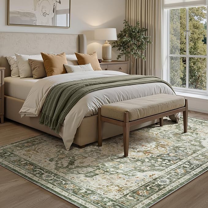 PADOOR-Vintage Area Rug 6X9 Rugs for Living Room-Soft Olive Green Rugs for Bedroom-Machine Washable Rugs Non Slip Carpet-Rug for Dining Room Living Room Bedside Office