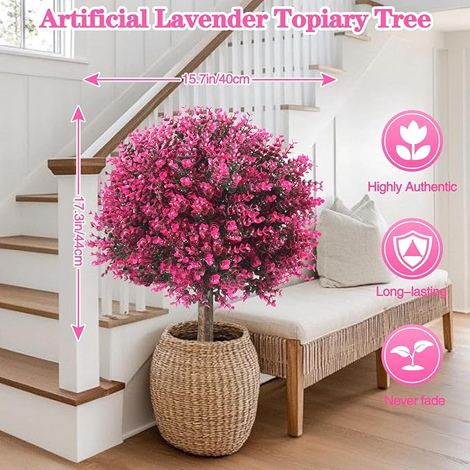 Set of 2 Pack Large Artificial Rose Boxwood Topiary Ball Tree, 24.8" Tall Outdoor Simulated Bushes UV Resistant with Ground Spike, Faux Rose Plants for Outside, Front Porch, Home Garden Decor