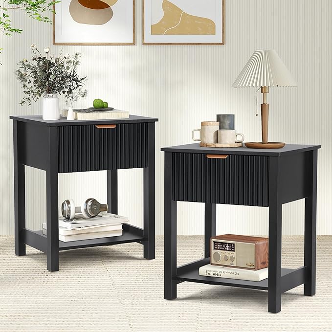 Modern Night Stand Set 2 with Drawer, Black Nightstand for Bedroom, Small End Table with Storage, Living Room/Bed Side Table with Drawer for Small Spaces, Fluted Nightstand Set of 2