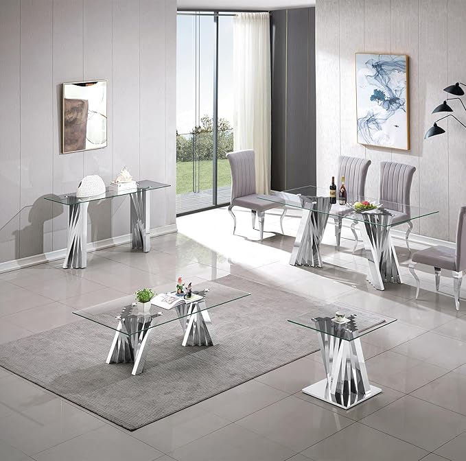 Glass 3 Piece Living Room Table Sets,3-Piece Table Set Includes 1 Glass Coffee Table and 2 End Tables with Stainless Steel Frame,Modern Coffee Table Set of 3 for Living Room (Silver)