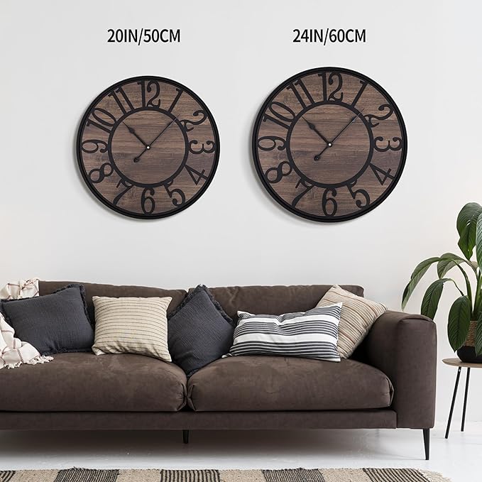 LEIKE Large Wall Clock,Non Ticking Silent,Battery Operated Big Round Modern Wood Wall Clocks for Living Room, Bedroom,Dinning Room,Farmhouse,Office, Retro Home Decor-20 Inch/50CM-Black-Arabic Number