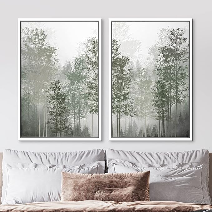 MUDECOR Framed Canvas Print Wall Art Pastel Watercolor Misty Fog Forest Tree Wilderness Nature Illustrations Modern Art Decorative Calm/Relax Multicolor Rustic Minimal for Bedroom - 16"x24"x2 White