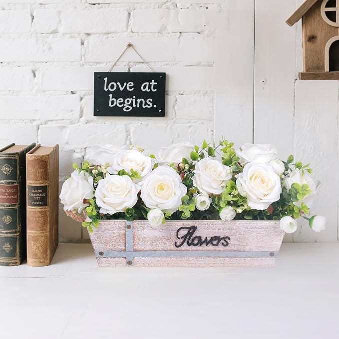 Centerpiece Table Decorations Rustic Wood Tray with 3 Artificial White Rose Flowers and Fake Eucalyptus for Dining Room Farmhouse Living Room Kitchen and Coffee Table Décor