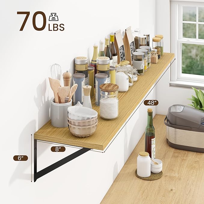 Fun Memories Deep Floating Shelves for Wall, 48W x 8D Wall Mounted Shelves Set of 2, Wide Display Ledge Shelf with Sturdy Metal Brackets for Living Room, Bathroom, Bedroom and Kitchen, Oak