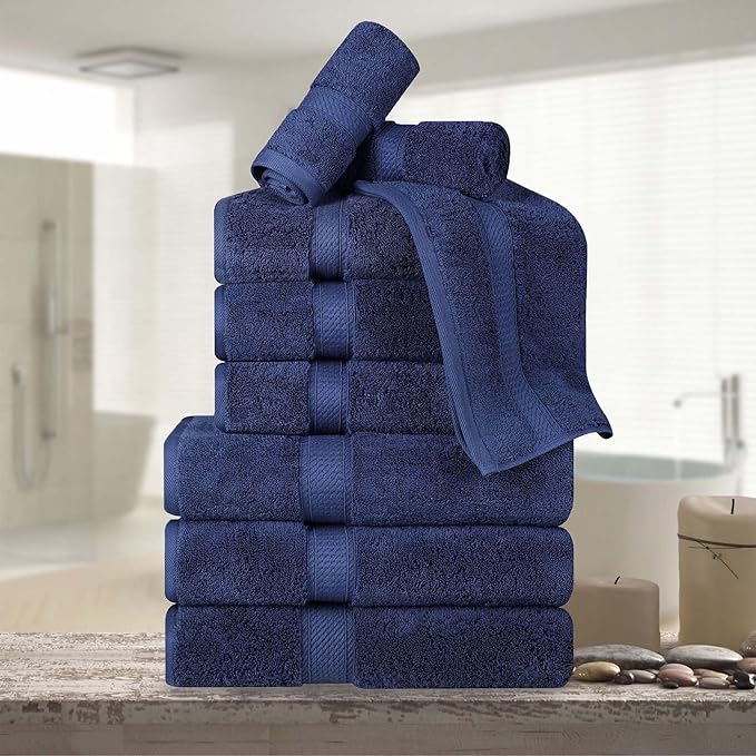 BNM Egyptian Cotton Heavyweight Towels, Ideal For Bathroom, Shower, Spa, Hotel, 800 GSM, Face/ Washcloths, Hand Towels, Bath Towels, Highly-Absorbent, Luxury Home Basics, 9 Piece Towel Set, Navy Blue