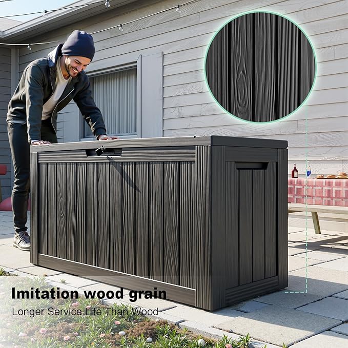 ROJIK Outdoor Storage Housing Deck Box - Waterproof Patio Furniture, Garden Tools, Cushions, Pool Accessories Storage Bench with Lockable Lid and Side Handles (Black 88 Gal)