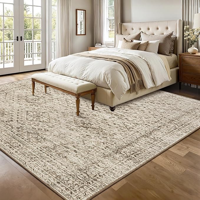 MIULEE 8x10 Vintage Washable Area Rugs Living Room Rug Low Pile Boho Farmhouse Floor Mat for Bedroom Dining Room Under Kitchen Table, Non-Slip Stain Resistant Soft Large Carpet for Home Decor, Brown