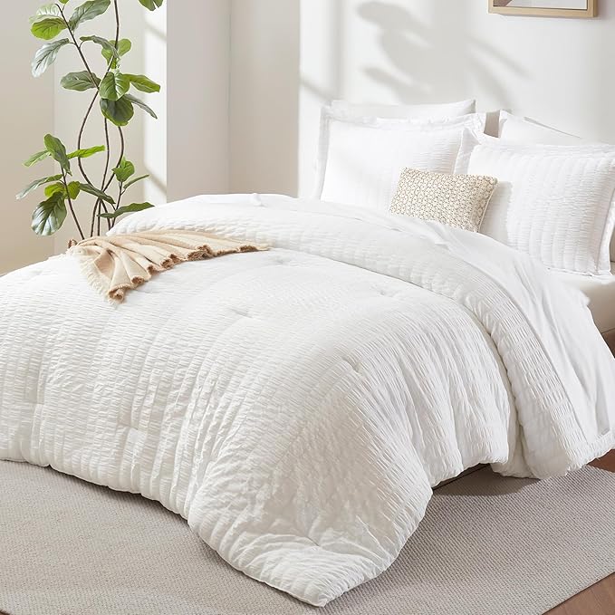 CozyLux Twin Comforter Set with Sheets 5 Pieces, White Seersucker Textured Bed in a Bag for Girls, Luxury Soft Bedding Set with Down Alternative Comforter, Sheets, Pillowcases & Shams for All Seasons