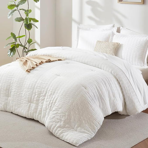 CozyLux Twin Comforter Set with Sheets 5 Pieces, White Seersucker Textured Bed in a Bag for Girls, Luxury Soft Bedding Set with Down Alternative Comforter, Sheets, Pillowcases & Shams for All Seasons