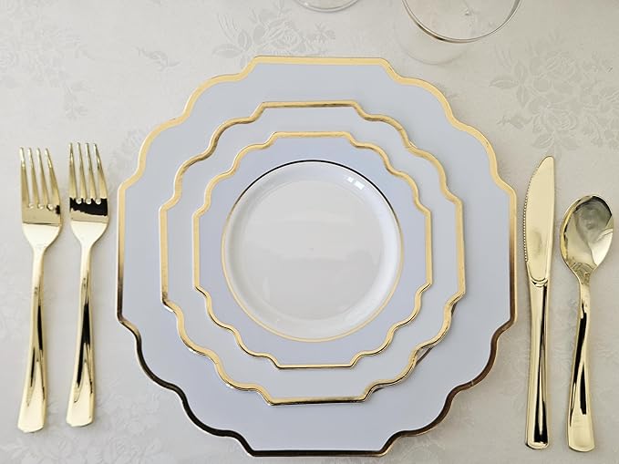 " OCCASIONS " 50 Plates Pack (25 Guests)-Heavyweight Wedding Party Disposable Plastic Plate Set -(25x10.5'' Dinner + 25x8'' Salad/dessert (Imperial in White/Blue & Gold)