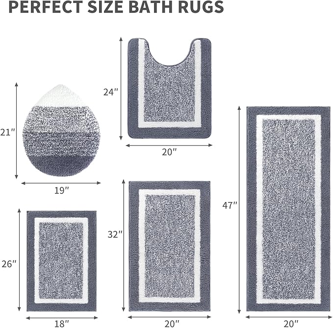 Pauwer Bathroom Rugs Set 5 Piece, Plush Absorbent Microfiber Bath Mats for Bathroom, Non Slip Washable Bath Rug Set with U Shaped Contour Toilet Rugs, Shower Rug and Toilet Lid Cover, Dark Grey
