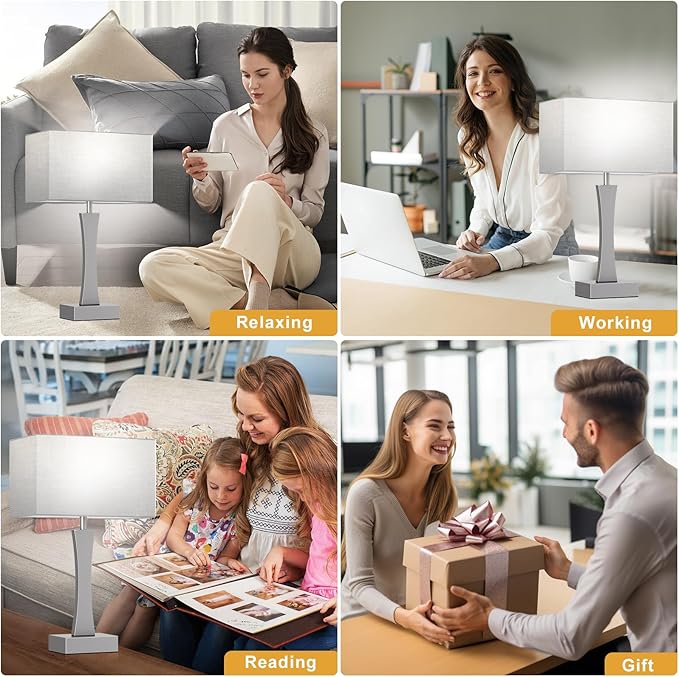 Bedside Lamps for Night Stands - 3 Way Dimmable Table Lamp for Bedroom with USB C+A Ports,Modern Bedside Lamps Set of 2, Touch Lamps for Nightstands(Grey)