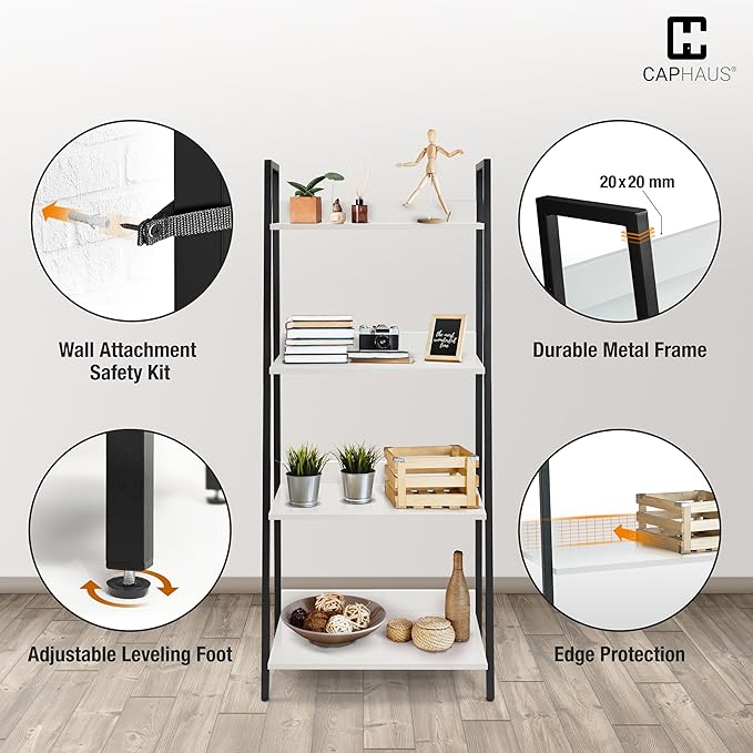CAPHAUS 4 Tier Ladder Bookshelf, 24 Inch Width Free Standing Shelf, Bookcase Shelf Storage Rack Organizer, Industrial Book Shelves for Home Office, Living Room, Kitchen, White Wooden Shelves