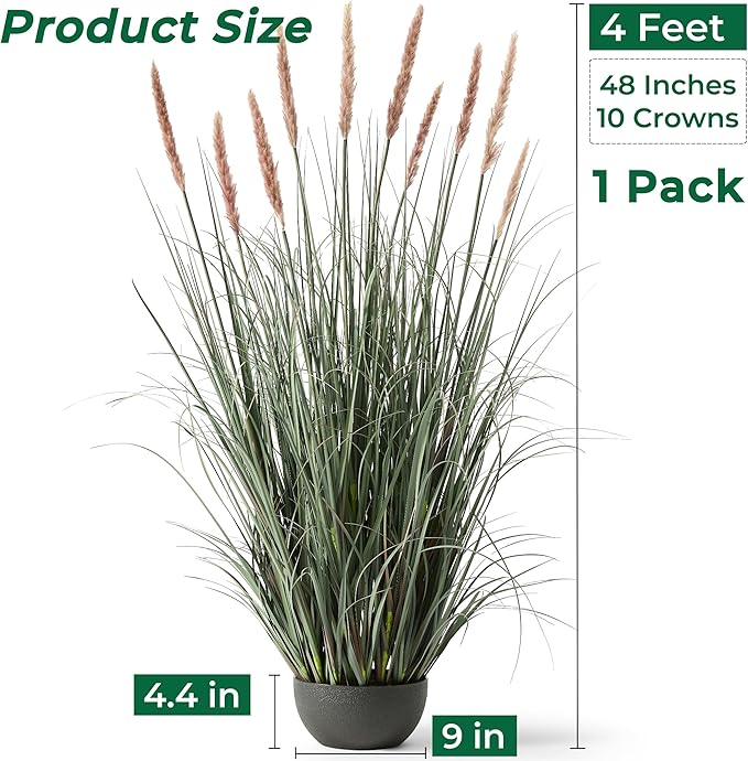 4ft Onion Grass, Artificial Plant and Greenery, Fake Floor Plants Indoor Outdoor, 48in Faux Horsetail Reed Grass with 10 Pink Flower Crowns, Potted, House Decorative