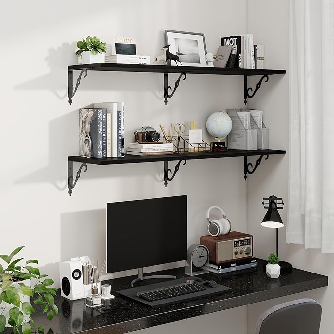 Fun Memories Large Floating Shelves for Wall 48 Inches Long, 12 Inch Deep Shelves with Metal Bracket, 48 Inch Floating Shelves Wall-Mounted, Wide Display & Storage Bookshelves, Black, Set of 2