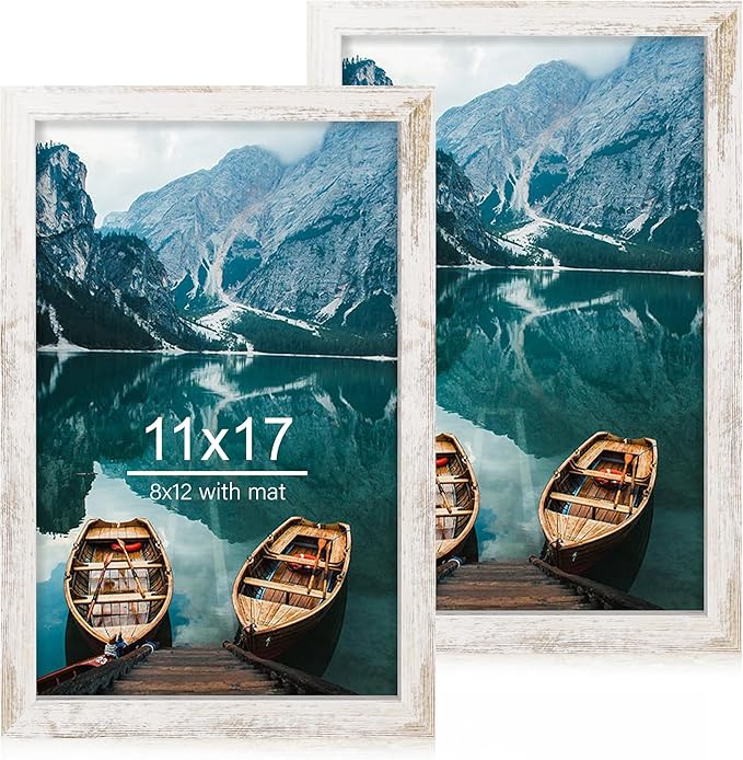11x17 Frame Set of 2, Distressed White Wood Style - Display 11 x 17 Poster without Mat or 8x12 Picture with Mat, Wall Mounting Horizontal and Vertical