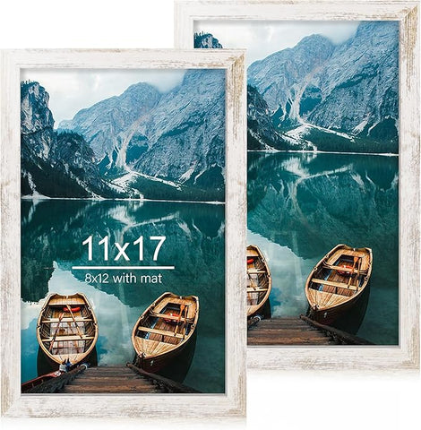 11x17 Frame Set of 2, Distressed White Wood Style - Display 11 x 17 Poster without Mat or 8x12 Picture with Mat, Wall Mounting Horizontal and Vertical