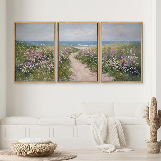 SIGNWIN Framed Canvas Print Wall Art Set Path to The Sea Coastal Floral Landscape Illustrations Modern Art Decorative Rustic Calm/Zen for Living Room, Bedroom, Office - 24"x36"x3 Natural