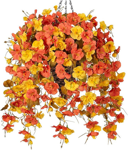 Ivydale Artificial Hanging Flowers with Basket for Outdoor Fall Decoration, Fake Hibiscus Vines Faux Plants Realistic Silk Flowers for Planters Outside Home Patio Porch Balcony, Fall YellowOrange