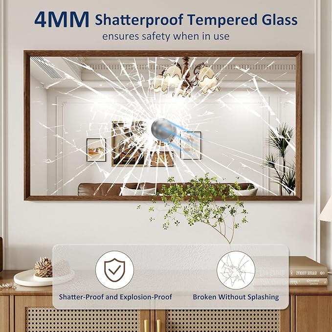 WEER Walnut Framed Mirror for Bathroom, 55x30 Inch Wall Mounted Mirror, Wood Grain Framed Vanity Mirror, Farmhouse Bathroom Mirror, Tempered Glass, Vertically or Horizontally, Anti-Rust