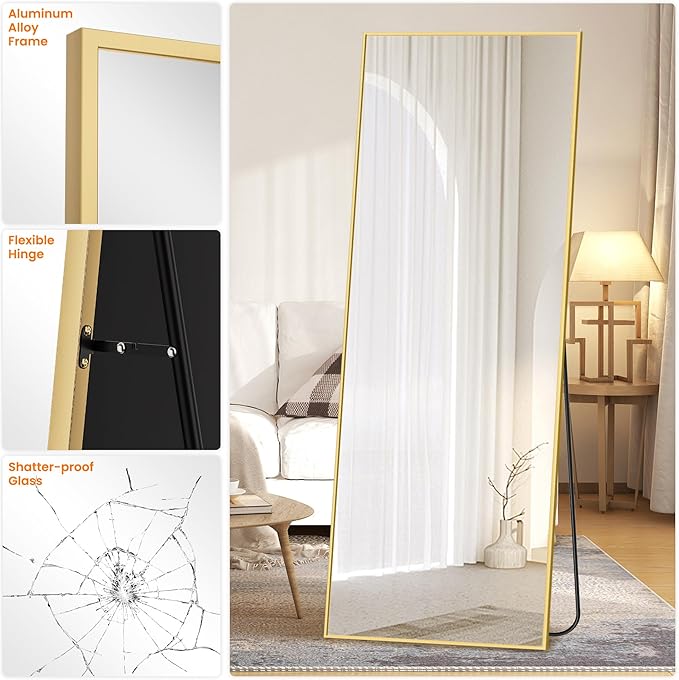 Full Length Mirror, Gold Standing Mirror, 70"x24" Full Body Mirror with Standing, Free Standing, Wall Mirror with Aluminum Alloy Frame, Large Floor Mirror for Bedroom Living Room Dressing Room