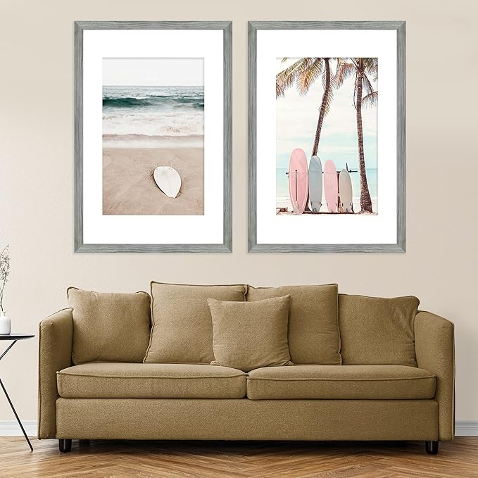 14x20 Picture Frame Set of 2, Rustic Grey Wood Style - Display 14 x 20 Picture without Mat or 12x18 Picture with Mat, Wall Mounting Horizontal and Vertical
