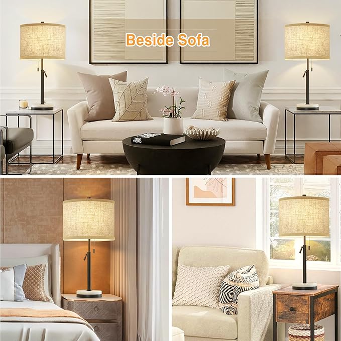 GyroVu Table Lamps Set of 2, Adjustable Height Bedside Marble with Pull Chain Nightstand Modern Lamp for Living Room Bedroom Office Bulbs Not Included(Black) Black Set of 2