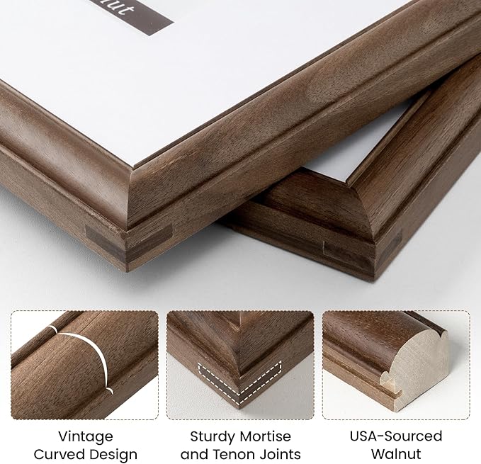 8.5x11 Picture Frame, USA-Sourced Walnut Wood with Tempered Glass, Display 6x8 with Mat or 8.5x11 Without Mat, 8.5 by 11 Photo Frame for Wall & Tabletop Display, Handcrafted Wood Frame, 3 Pack