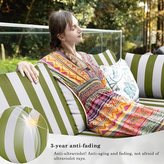Outdoor Furniture Replacement Cushions, 14 Pcs Water-Resistant Replacement Sofa Cushion for Patio Garden Porch (Liner&Cover,Only Cushions No Sofa) (Grass Green and White Stripes)