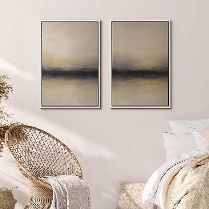 MUDECOR Framed Canvas Print Wall Art Abstract Sunset Horizon Modern Minimalist Beige and Black Illustrations Modern Art Decorative Bohemian Colorful for Living Room, Bedroom, Office - 16"x24"x2 White