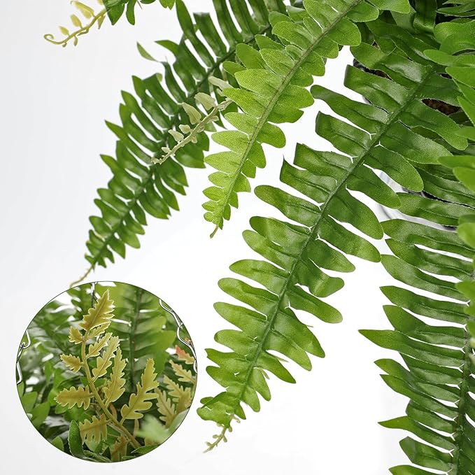 Hollyone Artificial Fern Hanging Basket Plant 25" Boston Ferns 31 Leaves Greenery Plants with Rattan Pot for Outdoors & Indoor Fake Fern Bush Plant in Pot for Patio Entrance Porch Garden Decor Green