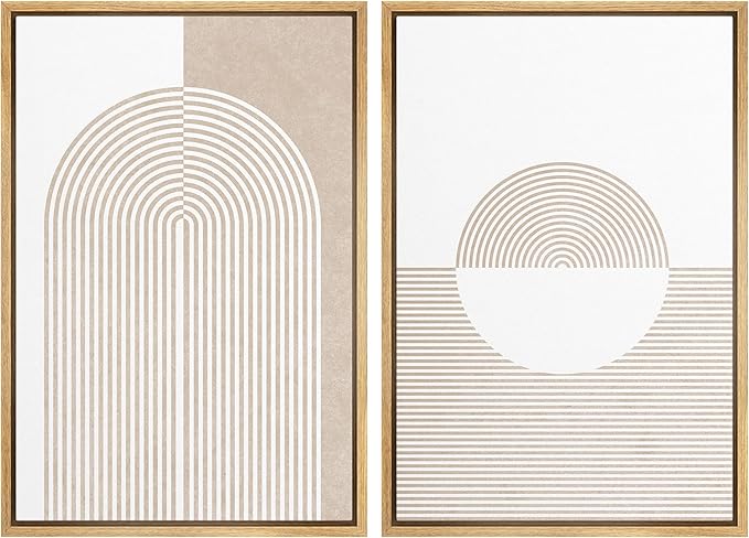MUDECOR Framed Canvas Print Wall Art Set Pastel Tan Geometric Circle Spirals Abstract Shapes Illustrations Modern Art Decorative Contemporary for Living Room, Bedroom, Office - 24"x36"x2 Natural