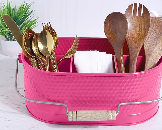 Alpha Living Home Silverware Organizer - Heavy Duty Metal Kitchen Drawer & Utensil Organizer, Drawer Organizer for Forks, Knives, Multipurpose Kitchen Organizers and Storage Solution (Pink)