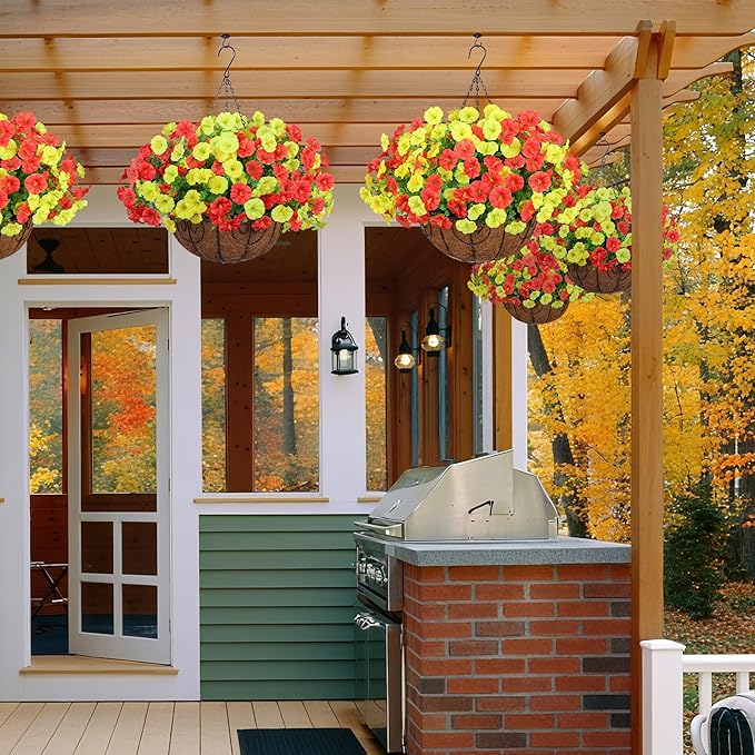 Artificial Fake Hanging Flowers with Basket for Fall Decoration, 12 Bundles Faux Silk Morning Glory Plants for Outdoor Planters, Realistic UV Resistant Artificial Flowers for Outside Porch Garden