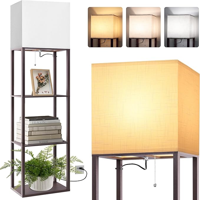 Dott Arts Floor Lamp with Shelves, Wide Floor Lamps for Living Room Display Shelf Lamps with 3 Color LED Bulb,Storage Wood Modern Floor Lamp for Bedroom Standing Lamp for Living Room Office（Walnut）