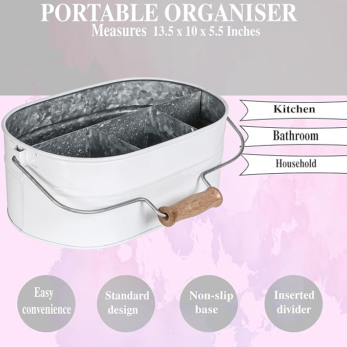 Alpha Living Home Rustic Galvanized Heavy Duty Metal Utensil Caddy – 4-Compartment Organizer with Removable Handle, White Farmhouse Chic Design for Kitchen, Picnics & Parties (White)