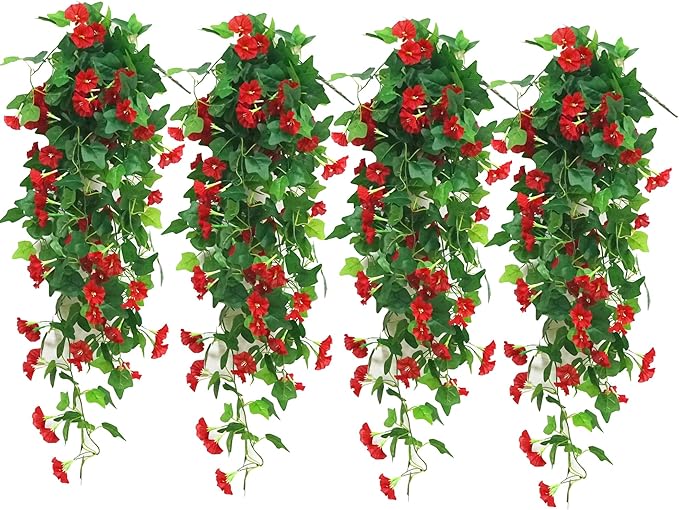 4 PCS Faux Hanging Plants Outdoor Artificial Hanging Red Flowers for Outdoors Faux Outdoor Plants for Planters Look Real for Outside Home Indoor Porch Patio Yard Decor