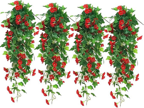4 PCS Faux Hanging Plants Outdoor Artificial Hanging Red Flowers for Outdoors Faux Outdoor Plants for Planters Look Real for Outside Home Indoor Porch Patio Yard Decor