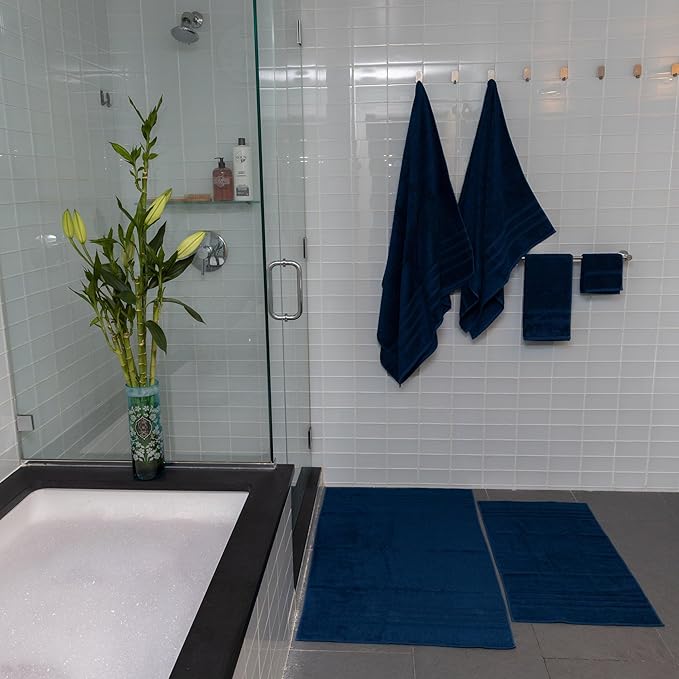 Mosobam Luxury Turkish 10pc Deluxe Bath Bundle Body Hand Face Towel and Mat Navy Blue 700 GSM & 1000 GSM Bamboo Viscose & Aegean Turkish Combed Cotton