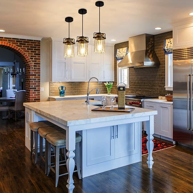 Pendant Lighting for Kitchen Island, Modern Glass Pendant Light Linear Chandelier for Dining Room, 1 Light Industrial Hanging Light Fixture Adjustable Cord Farmhouse Ceiling Light Black Finish