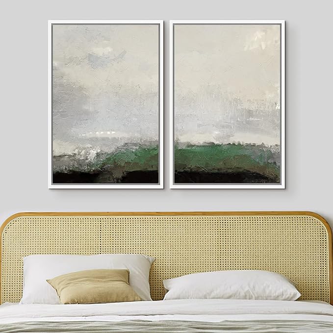 MUDECOR Framed Canvas Print Wall Art Set Watercolor Pastel Green Gray Landscape Abstract Shapes Illustrations Modern Art Decorative Contemporary for Living Room, Bedroom, Office - 16"x24"x2 White