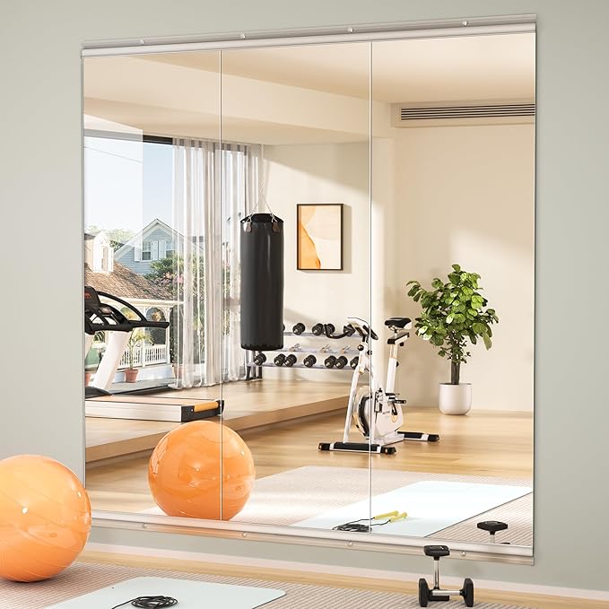 Hasipu Home Gym Mirror 55" L x 17" W - 3PCS Large Full Body Mirror for Yoga, Wall-Mounted Mirrors for Fitness, Garage, Dance Studio, 0.16in Tempered Glass Frameless