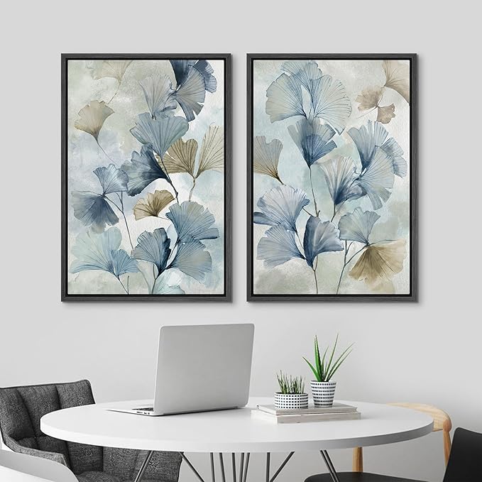 MUDECOR Framed Canvas Print Wall Art Blue Ginkgo Flower Illustrations Modern Art Decorative Bohemian Colorful Chic for Living Room, Bedroom, Office - 16"x24"x2 Black