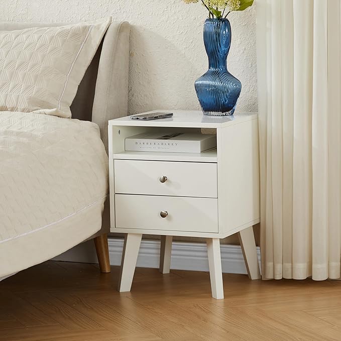 White Nightstand with 2 Drawers and Open Shelf Wooden Bed Side Table Storage Night Stand for Bedroom, Living Room